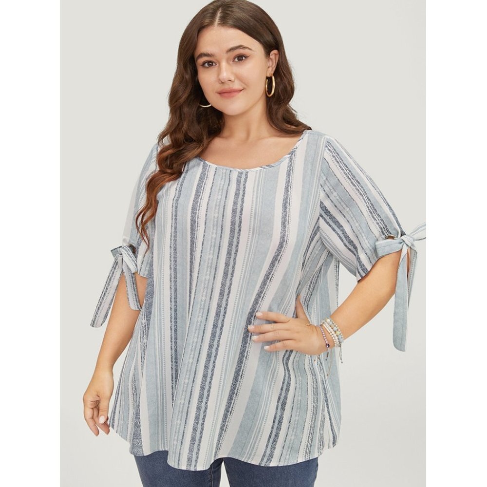 NWT BloomChic Stone Striped Print Contrast Knotted Sleeve Blouse Size 12/L